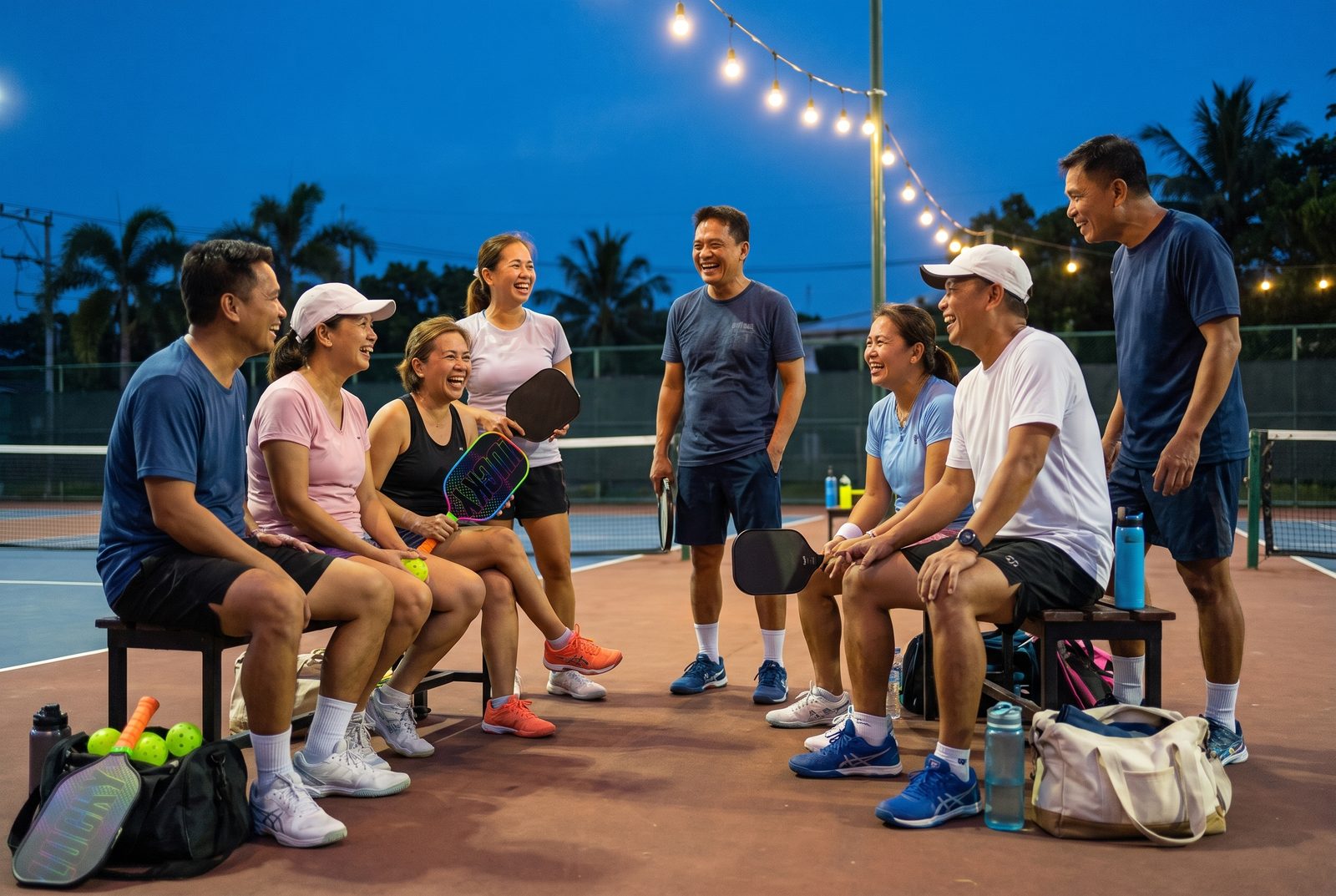 Club members laughing courtside under string lights