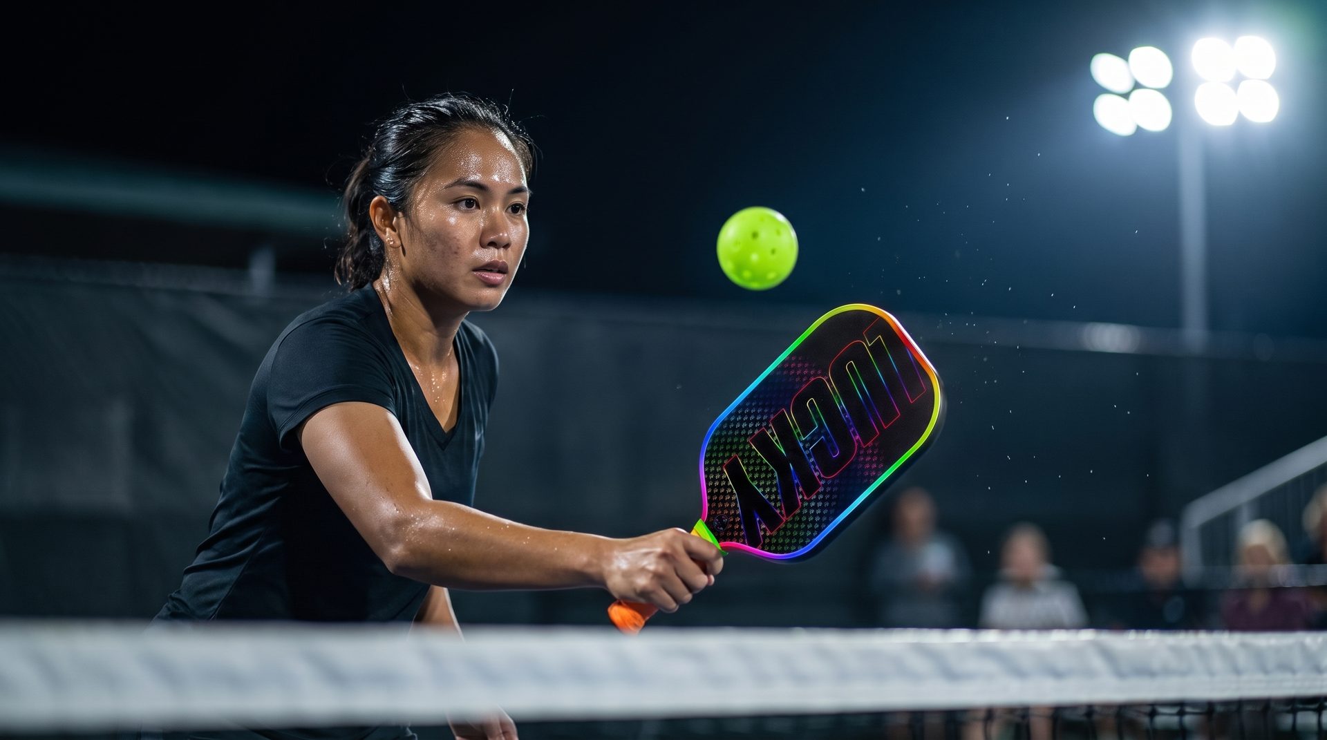 Player dinking at the net under floodlights
