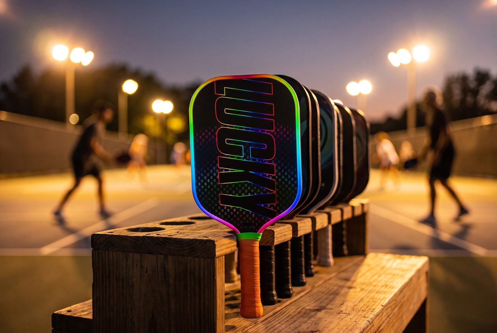 A paddle first in a courtside paddle rack at dusk