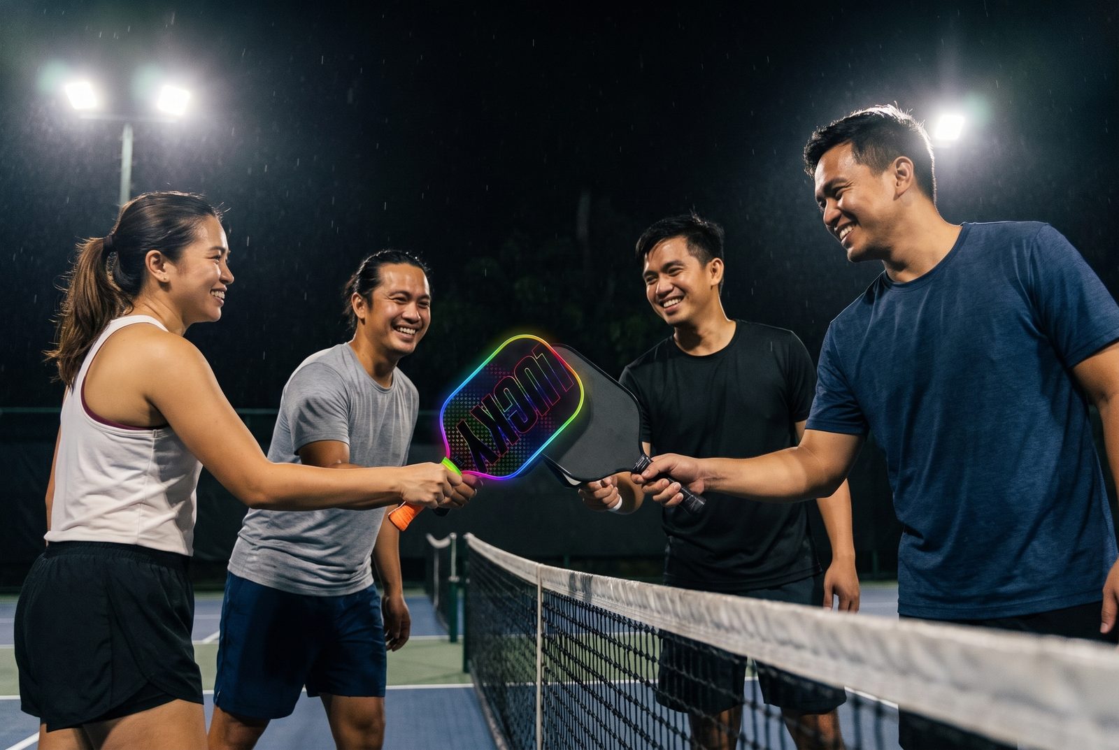 Four players tapping paddles at the net after a game