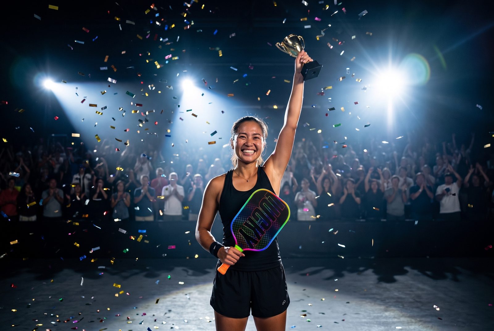 Champion raising a trophy under arena lights
